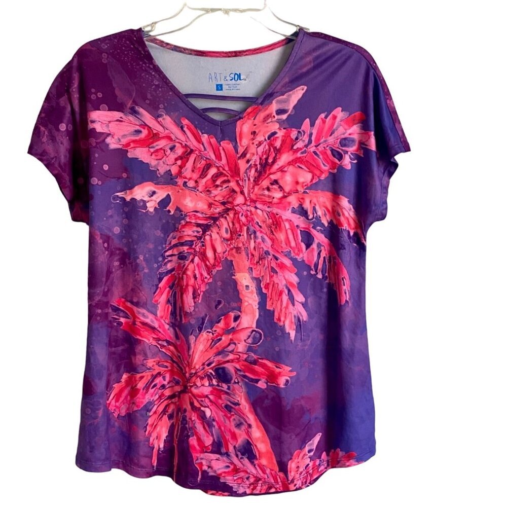 Art & Sol Colorful Double Palm Tree Print Short Sleeve Top Women's Small